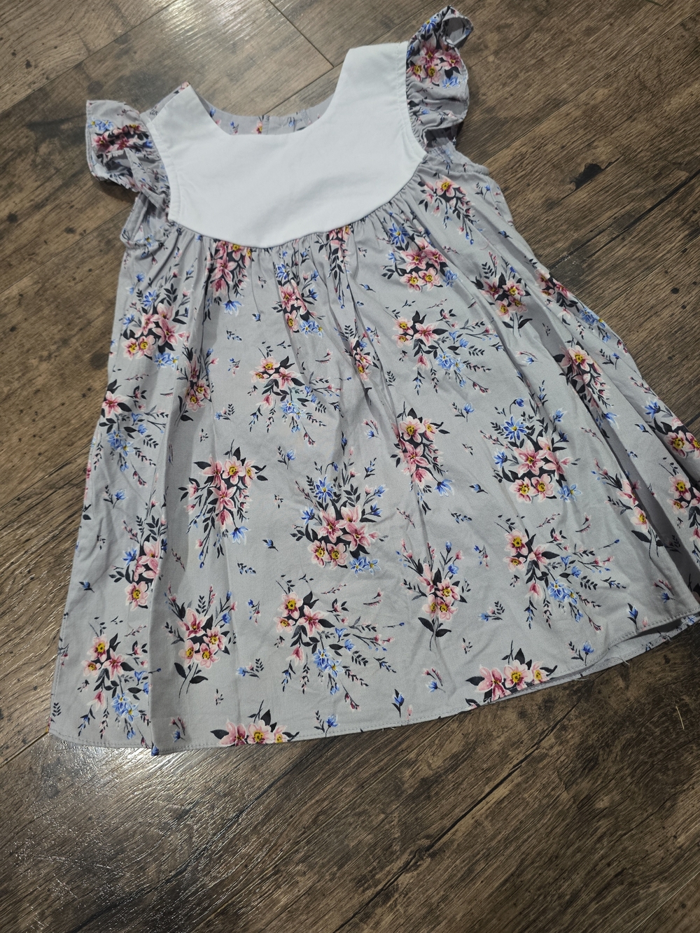 Floral Yoke Casual Dress for Girls - Light Gray with White Yoke